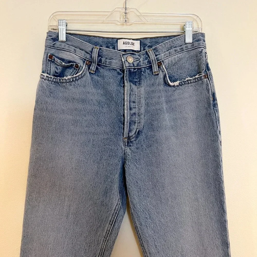 Agolde Light Wash Relaxed Boot Boho Classic High Waist Cut Raw Hem Denim Jean 27
